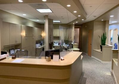 Our front desk- equipped with plastic shields for safety