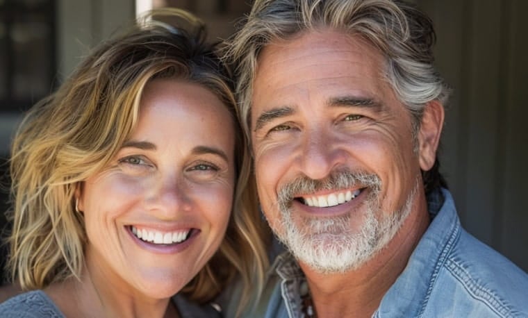 A middle-aged couple embrace and smile