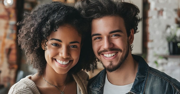A young couple stand close and smile after his dental treatment